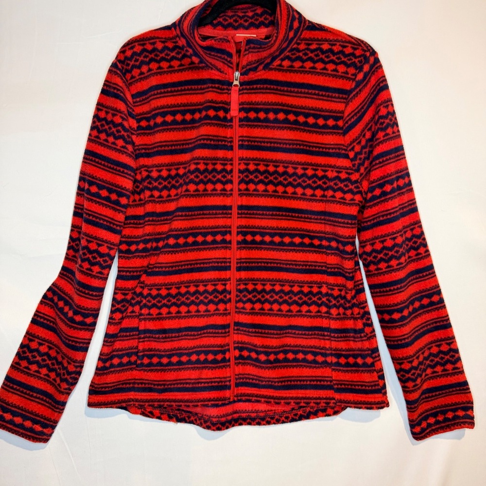 Merona Womens Red Navy Blue Fair Isle Full Zip Fleece Jacket Large Mock Neck